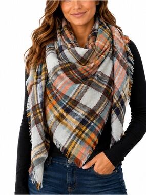 Hobby Lobby Plaid Fringe Blanke/scarft in Pastel Blue, Mustard & Coral oversized